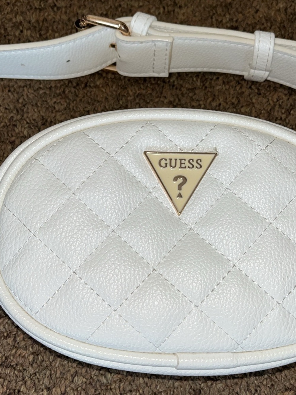GUESS White Quilted Crossbody Belt Bag with Gold Logo